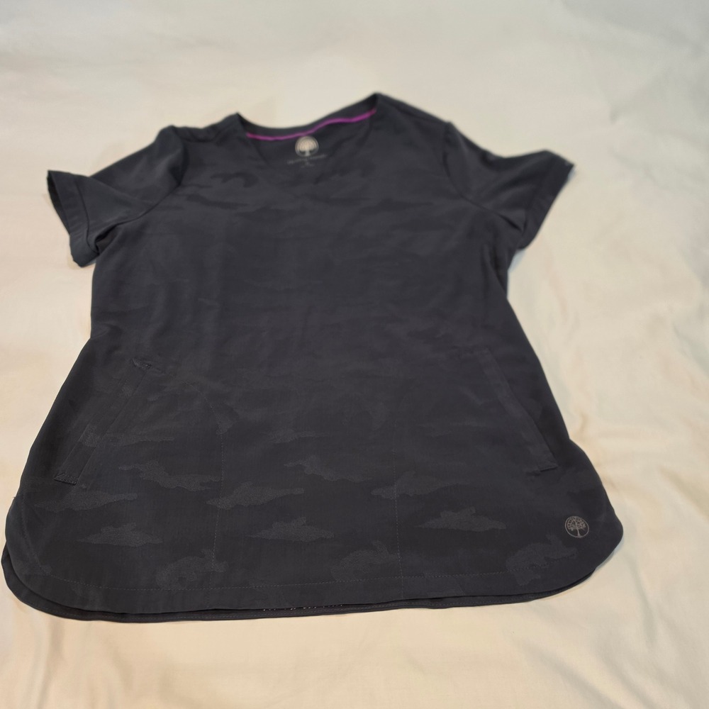 Healing Hands Scrub Top Womens Medium Gray Camo Jacquard V-Neck Stretch Scrub